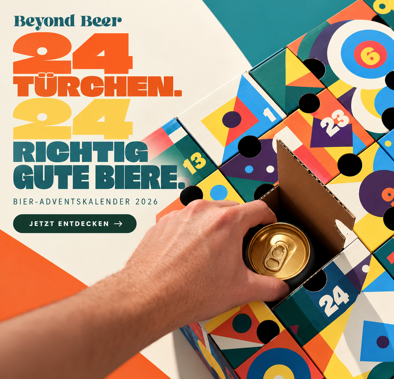 adventskalender, bier, dose, hand, bunt