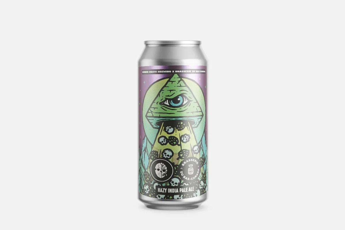 Bierdose, Hazy IPA, Aluminium, buntes Etikett, Totenkopf-Motiv, Bierdose, Aluminium, Hazy India Pale Ale, Illustratives Etikett, Grün-violettes Design, Bierdose, Hazy India Pale Ale, Aluminium, Buntes Etikett, Augenmotiv