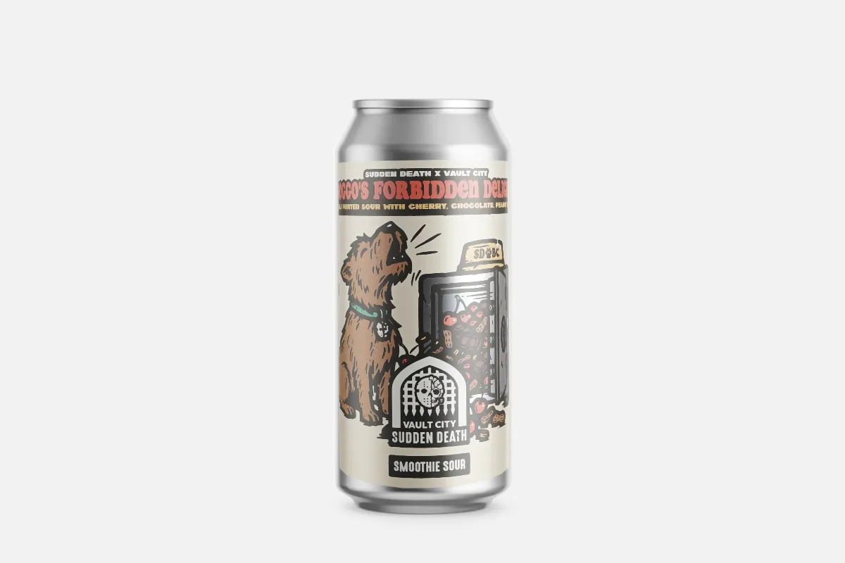 Smoothie-Sauerbier, Getränkedose, Aluminium, Cremefarbenes Etikett, Kirschmotiv, Bierdose, Smoothie Sour, Fruchtbier, Aluminiumdose, Illustration, Smoothie Sour, Bierdose, Aluminiumdose, Illustration, Helles Etikett