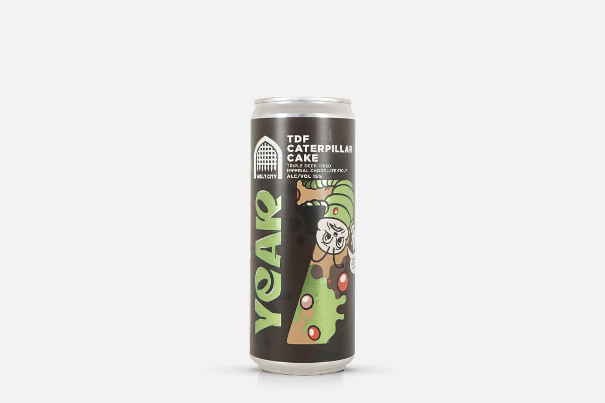 Caterpillar-Kuchen, Bierdose, Kunstetikett, braune Dose, grüner Comic, caterpillar cake, bierdose, kunstwerk, braune dose, graffiti-stil, Kabeltrommel-Can, YEAH?, Käfer Kuchen, Schokoladenstout, Craft Beer, Getränkedose, Käse?, Trinkdose, Kohl?, Design