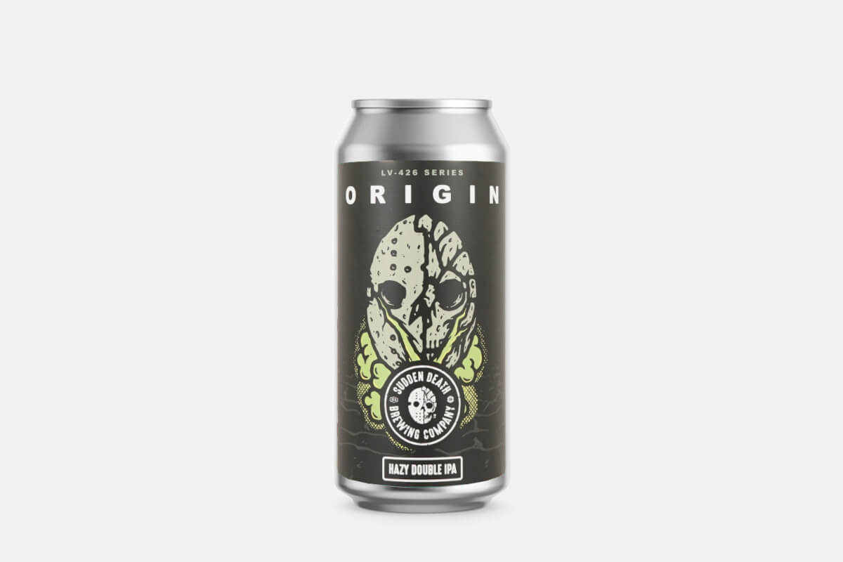 Aluminiumdose, Bier, Etikett, Zombie, Hazy Double IPA, Dose, Bier, Hazy Doppel IPA, Etikett, Skull, Dosenbier, IPA, Hazy, Bier, Origin, Dosen, Original, Hazy Double IPA, Bierstange, Etikettensymbol, Dosen, Bier, Hazy Double IPA, Origin, Etikett