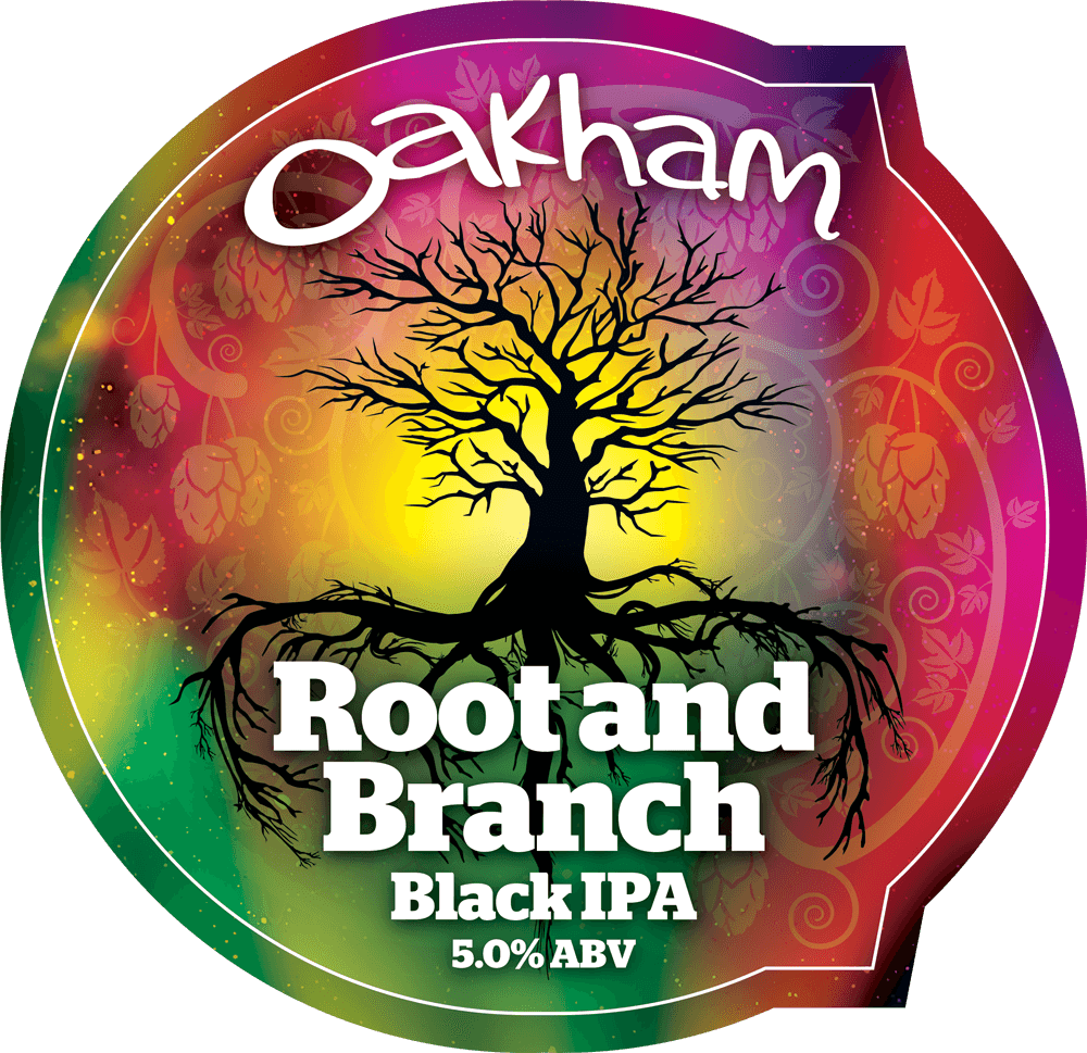 black IPA, root and branch, beer label, tree silhouette, round label